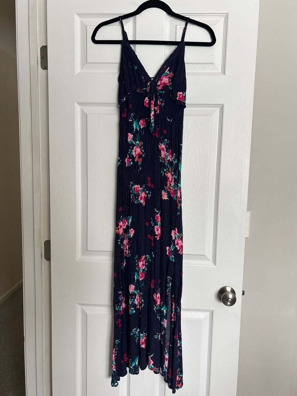 mi ami Navy Floral Metallic Striped Maxi Dress with Front Tie